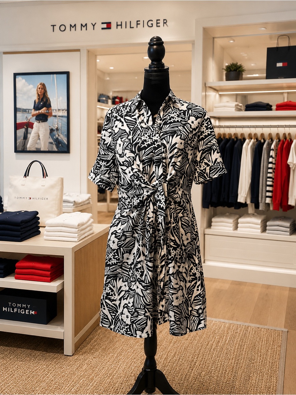 Tommy Hilfiger Black & White Printed Tie-Waist Shirt Dress BNWT